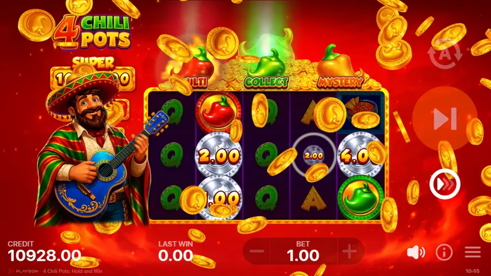 4 Chili Pots Bonus Game grid filling up with chili bonus pots and symbols